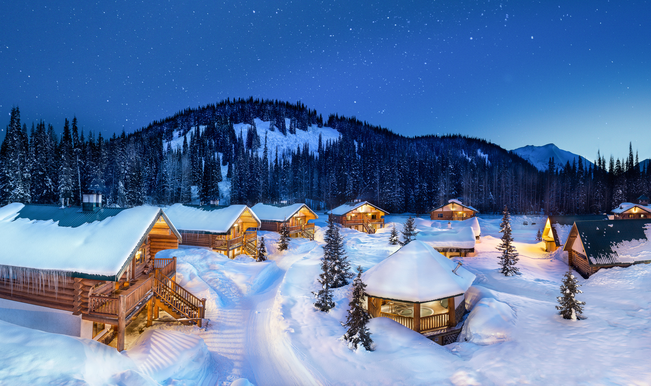 Bell 2 Lodge at night, Last Frontier Heli-skiing, Canada